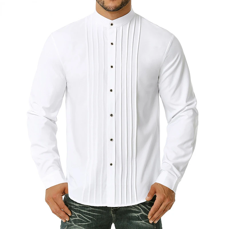 

Mens Banded Collar Tuxedo Shirts Fashion Pleat Button Down Shirt Men Wedding Party Prom Dinner Formal Elegant Shirt