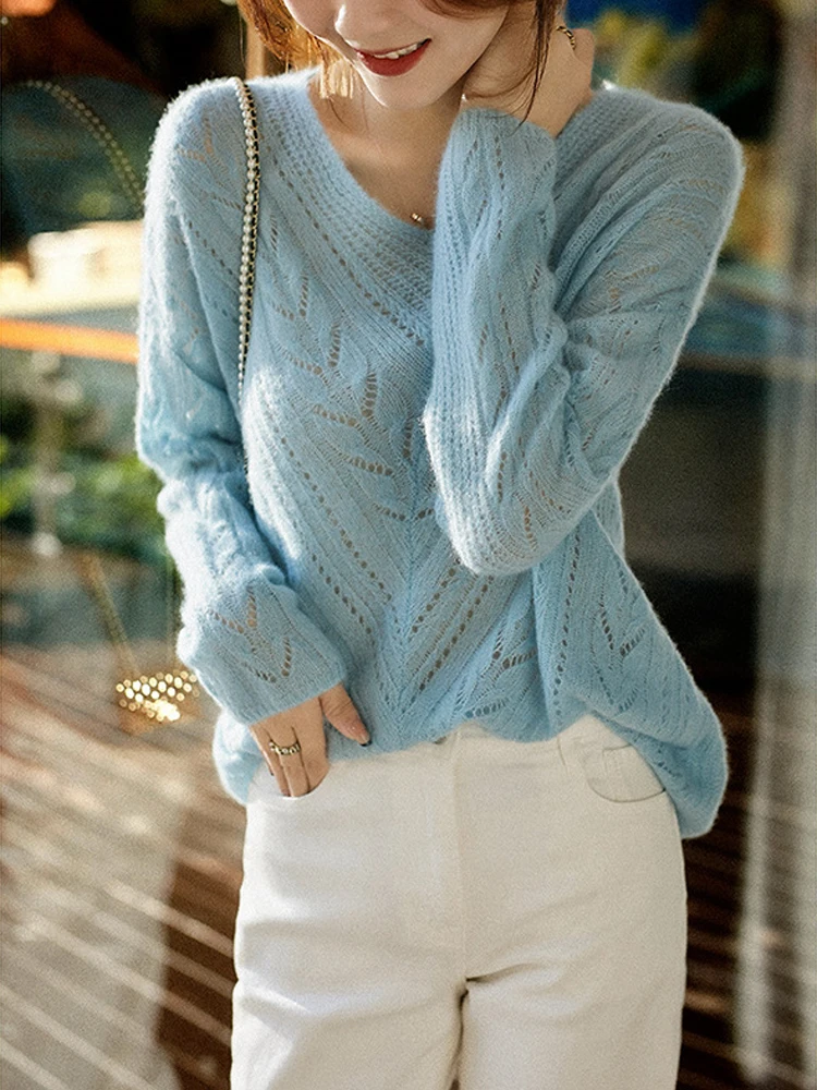 

Sky Blue Women Pullover Sweater Hollow Out Lazy Casual Loose Fluffy Soft Pattern Knitted Sweater Spring V-neck Top Women 2022