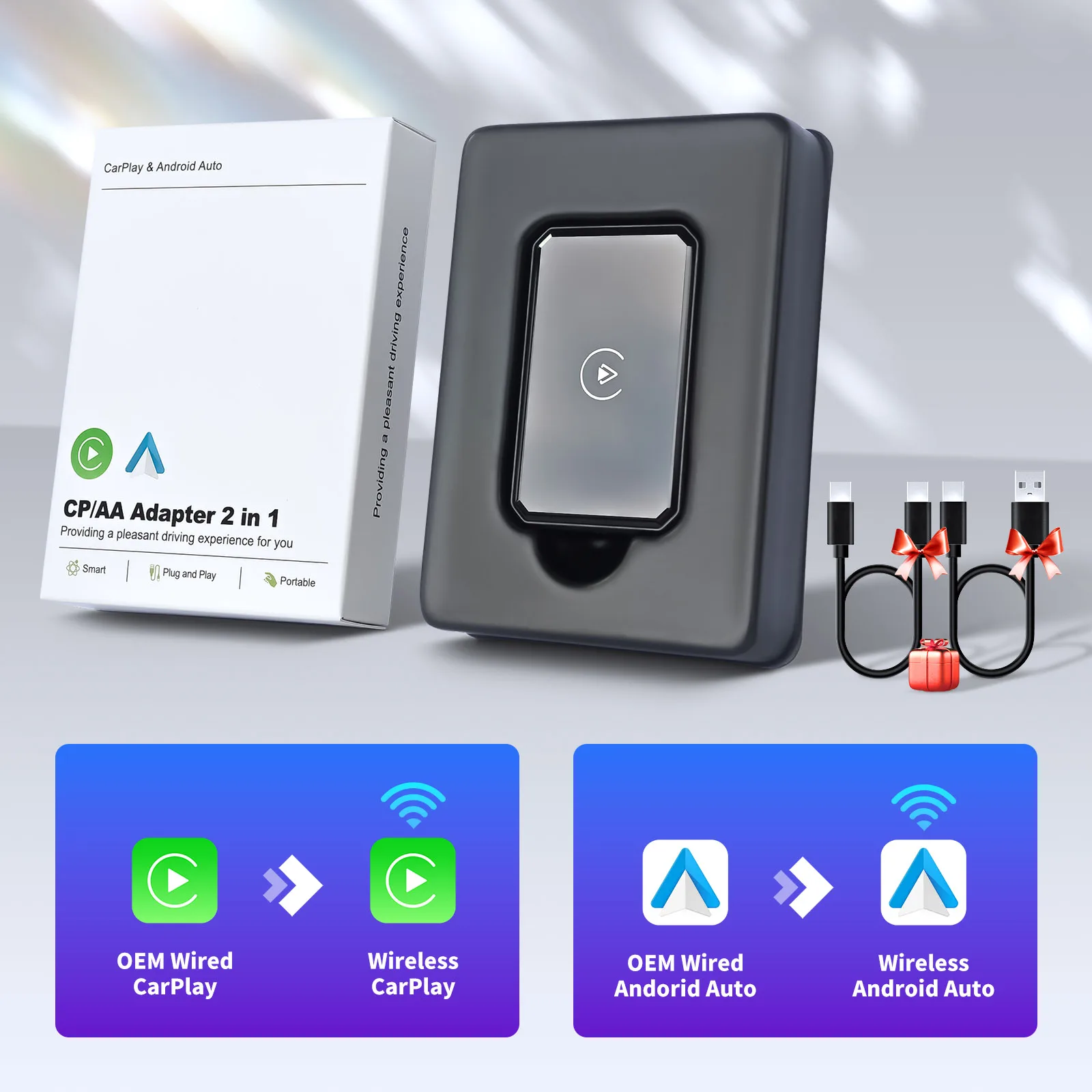 

X-YUNS 2025 НОВЫЙ 2в1 беспроводной адаптер Carplay Android Auto Smart Mini Box WIFI BT Dongle Auto Connect для большинства моделей автомобилей