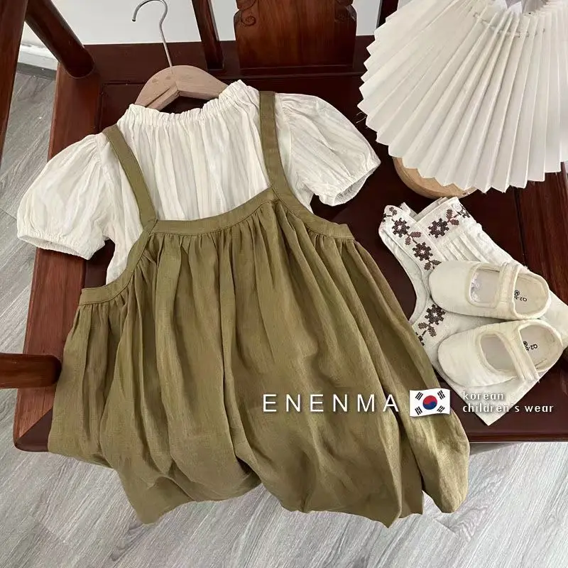 

Korean Version Childrens Clothing Little Girl Summer Foreign Style Bubble Sleeved Shirt Girl Fashion Suspender Dress 2 Pcs