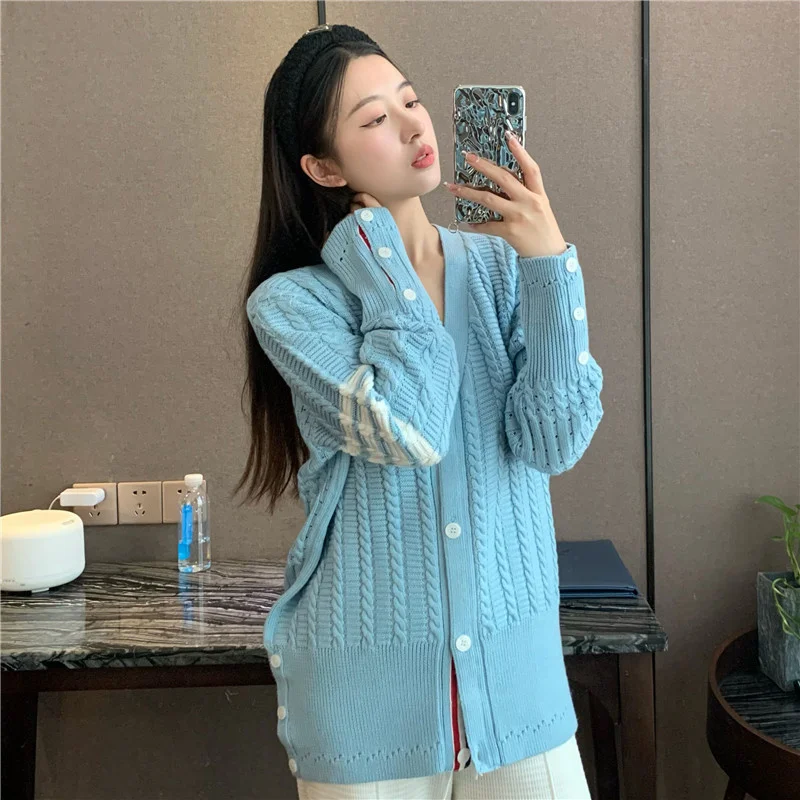 

Wool blended knitted cardigan early spring tb college style female niche warm loose all-match sweater coat