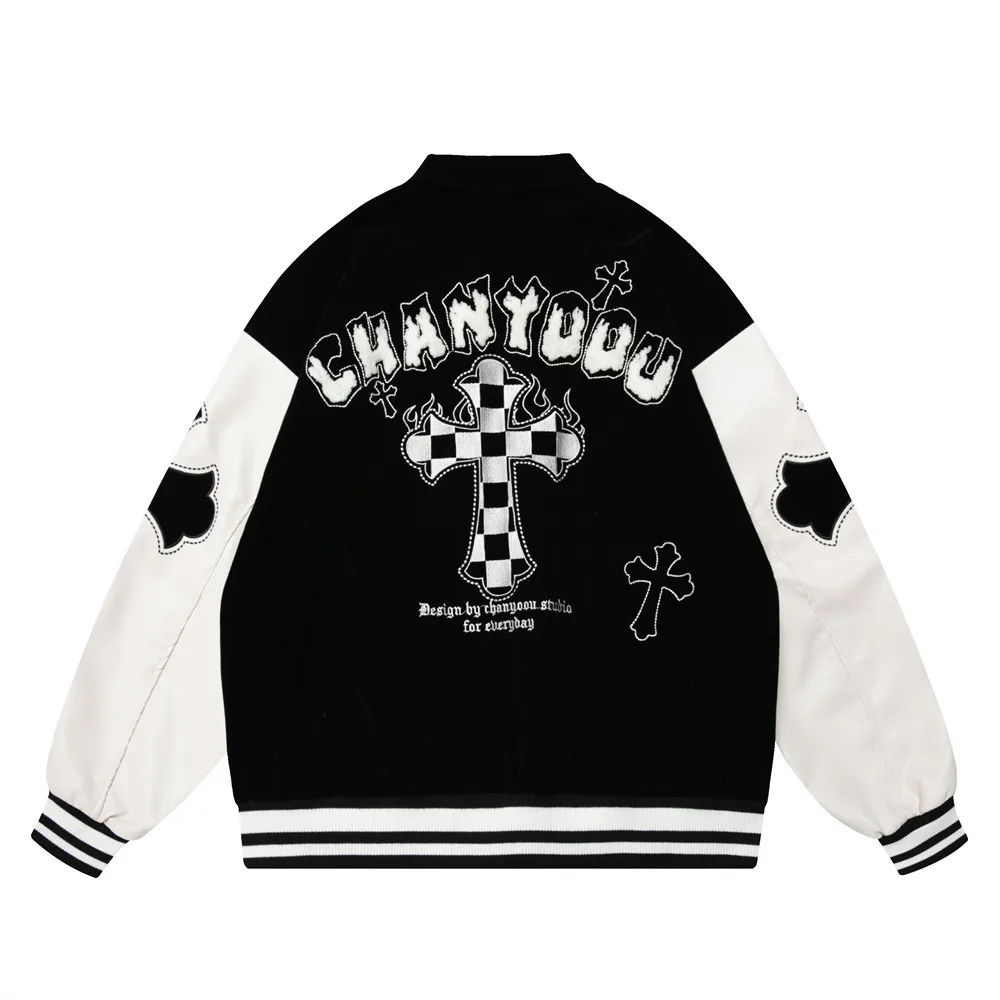 

Loose Fit Suede Embroidery Men Jacket Leather Sleeve Turn-down Collar Baseball Bomber Jackets Hip Hop Clothing Varsity Jacket