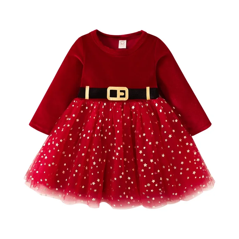 

1-5Y Toddler Girl Christmas Dress Autumn Winter Long Sleeve Round Neck Belt Print Party Tulle Dress