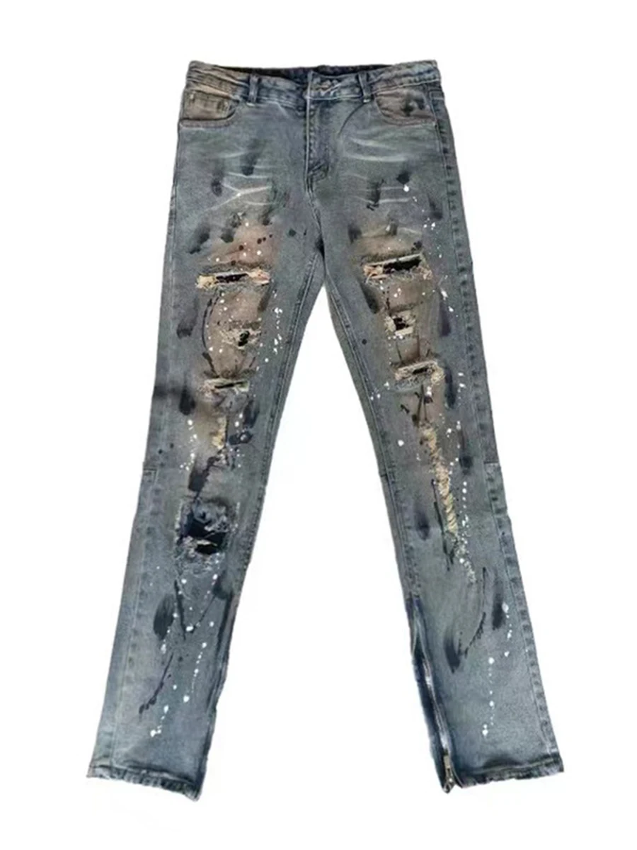 Four Seasons High Street Splashing Ink Hole Jeans Graffiti Style Men's Straight Trousers Y2k Men's Jeans Streetwear Ins Hot Sale