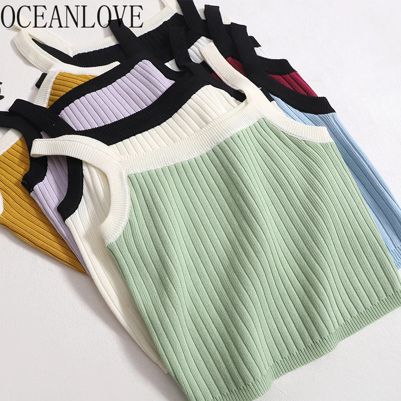

T Shirt Women Solid 4 Seasons Basic Y2k Korean ashion Tank Top Contrast Color Sexy Slim Vintage Knitting Camis