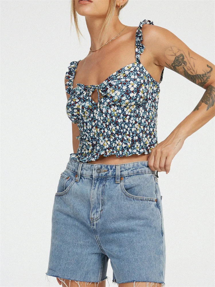 

Женский топ в стиле ретро y2k, топ с цветочным принтом, без рукавов, с оборками, на бретелях, с завязкой спереди, с рюшами, эластичная летняя май...