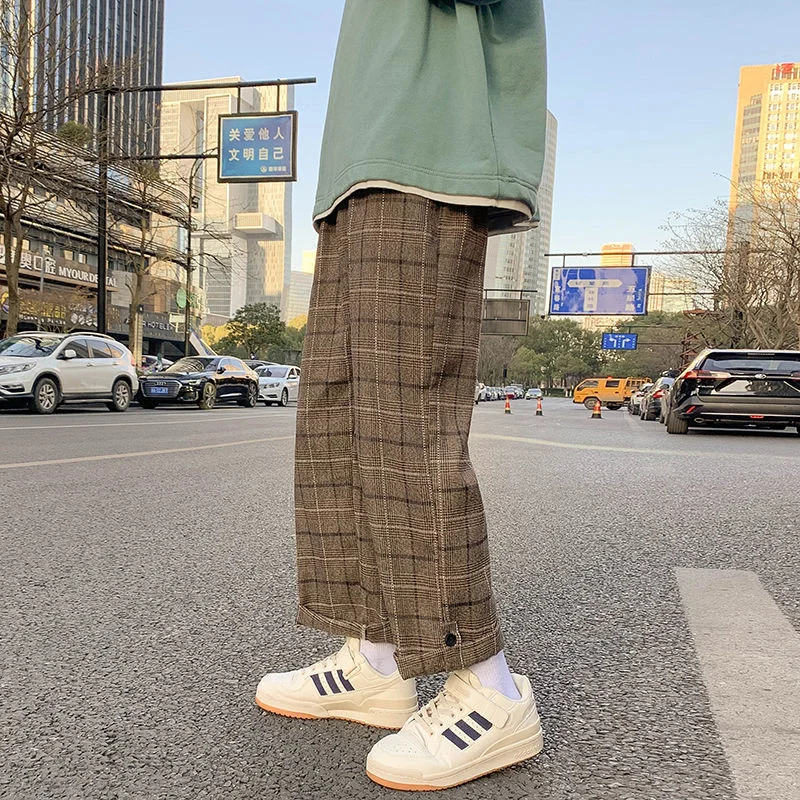 

Spring And Autumn Cotton Plaid Men's Fashion Retro Casual Men Streetwear Korean Loose Straight Wide Leg Pants Mens