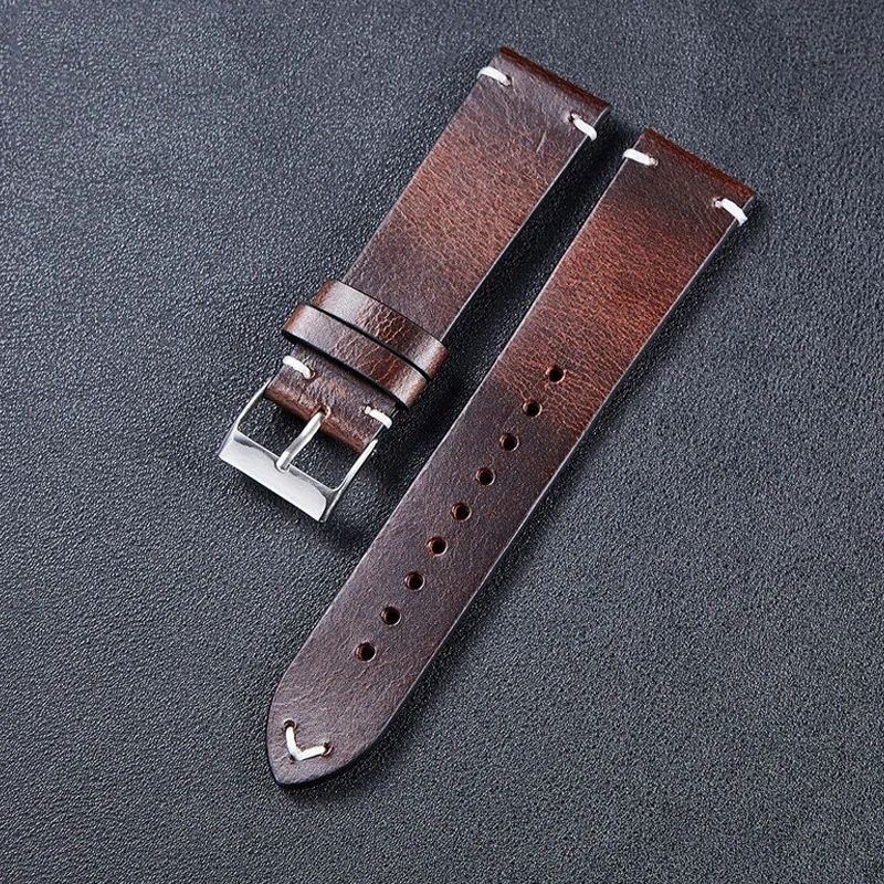 Leather Watch Strap 18Mm 20Mm 22Mm Oil Wax Leather Watchband Italian Retro Quick Release Soft Brown Cowhide Smart Watch Bracelet