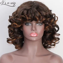 I's a wig Short Curly Afro Wig with Bangs Dark Brown Black Hair Synthetic Wigs for Black Women Heat Resistant Daily Party Wigs
