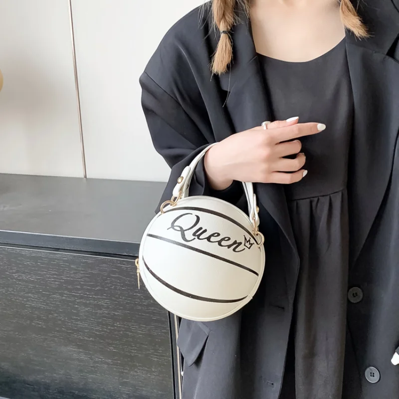 Basketball Round Women's Shoulder Bag 2023 Trend Personality Cartoon Small Handbag Leather Letter Printed Unique Cute Female Bag