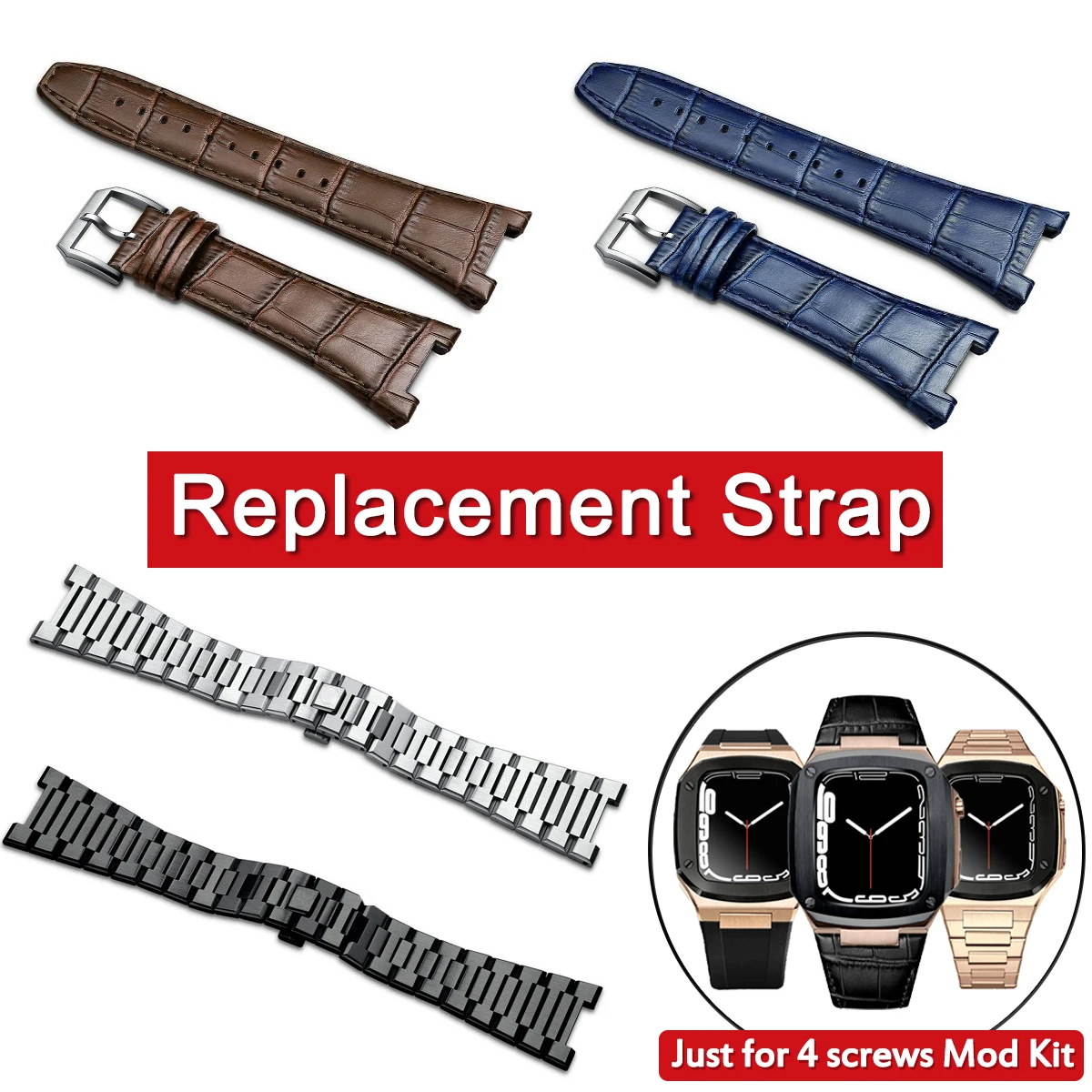 

Replacement Strap For Apple Watch Diy Mod Kit Rubber Band 41 44mm 45mm Leather Belt Metal Bracelet For iWatch Seires 8 7 6 5 4