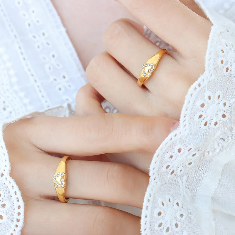 

Kpop Novel Fashion Peach Heart Rhinestone Gilding Ring for women Love Exquisite Stainless Steel Rings Girl Wedding Birthday Gift