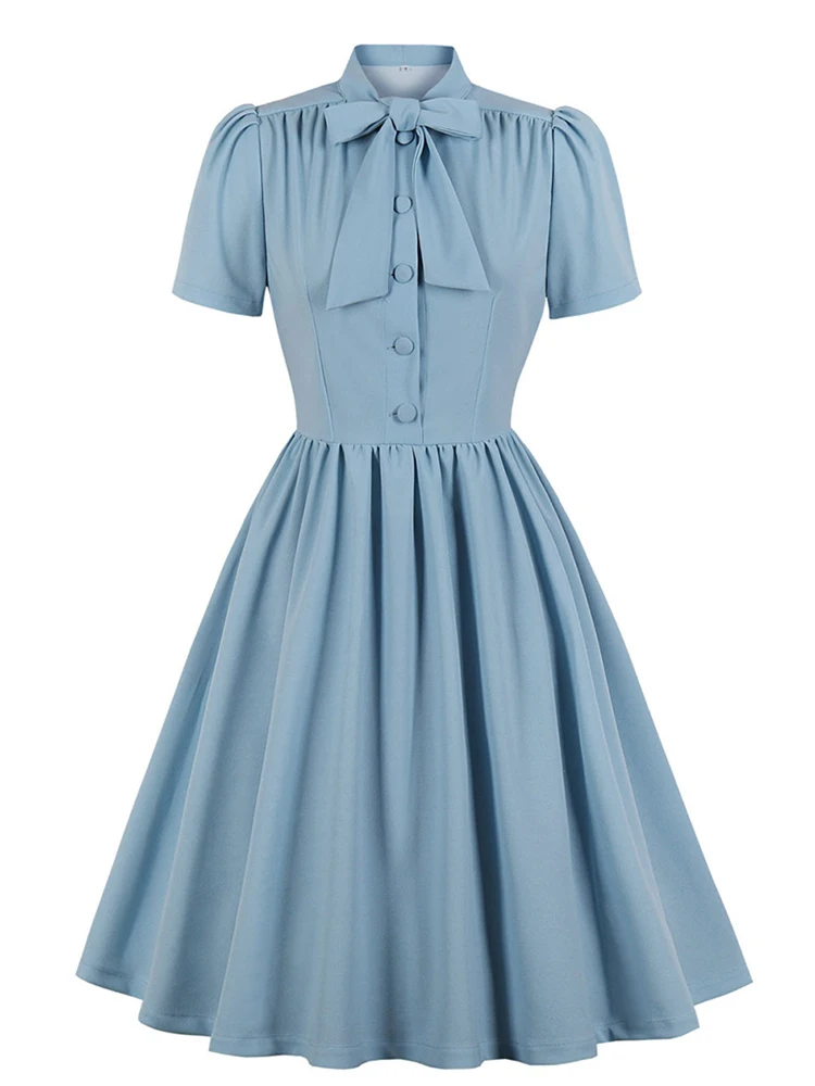 

2022 Blue Pleated Dress Vintage Style Bow Tie Neck Button Up Elegant Women Summer Belted Pinup 60s 50s Rockabilly Dresses Kawaii