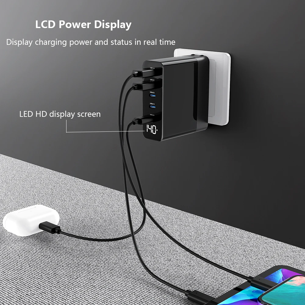 140 Вт 5-портовое Быстрое Зарядное Устройство GaN Со Светодиодным Дисплеем USB-C MacBook