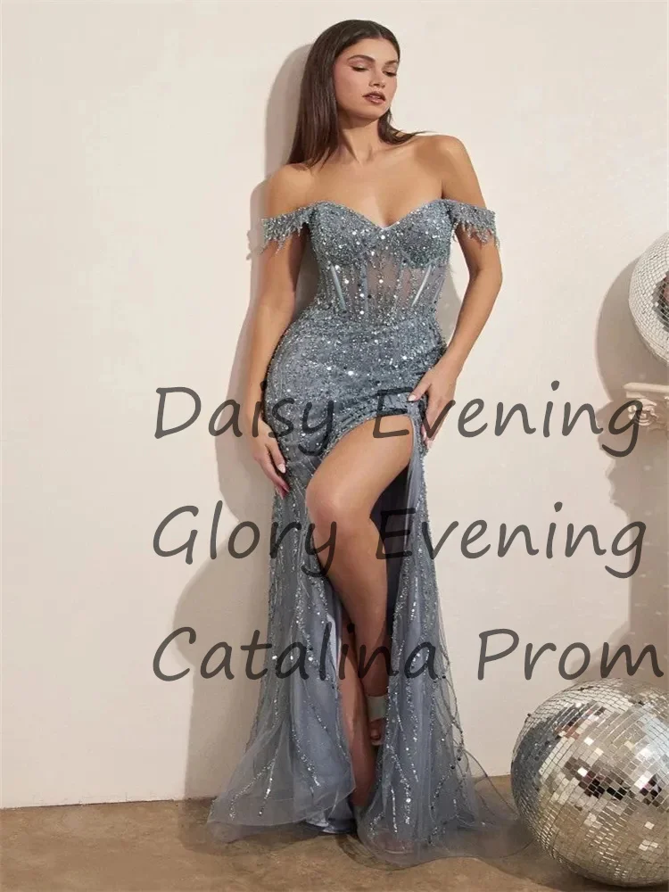

Luxury Evening Dresses Off Shoulder Elegant Mermaid Prom Dresses Slit Beadings Feather Formal Saudi Arabia Wedding Party Dress