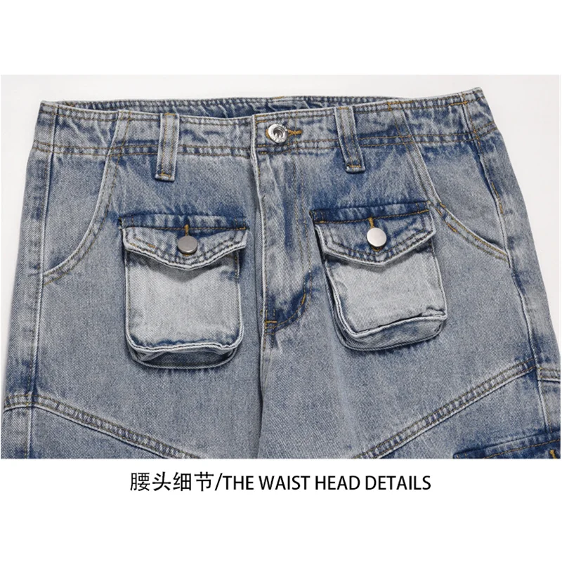 Streetwear Men Casual Multi Pocket Jeans Straight Cylinder Blue Comfortable Versatile New Style Wide Leg Trousers Autumn Female