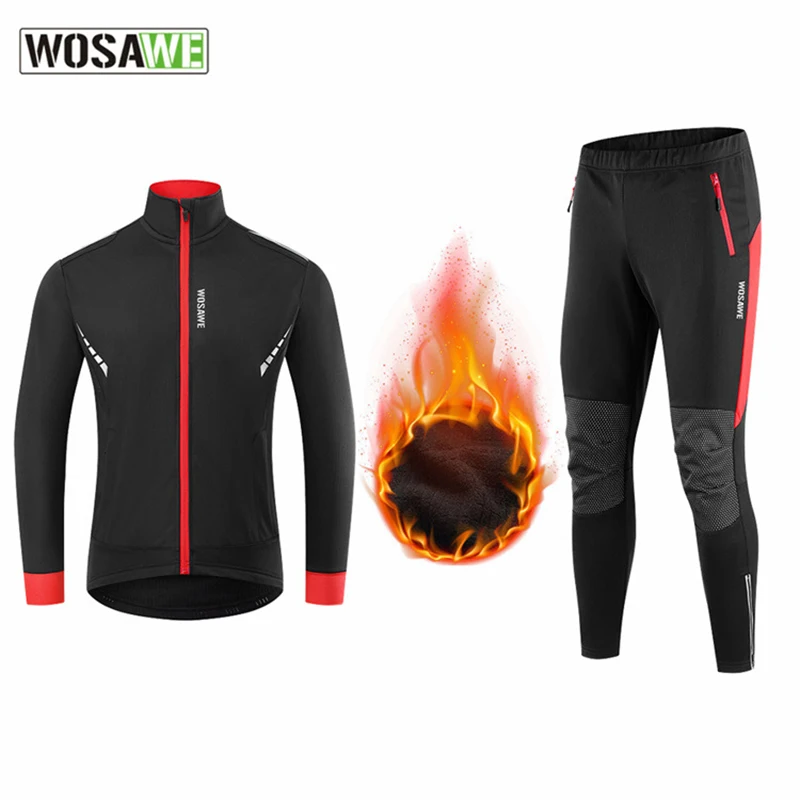 WOSAWE Winter Men's Cycling Clothing Thermal Fleece Bike Jakcet And Pants Suits Windproof Waterproof Outdoor Jackets Sets