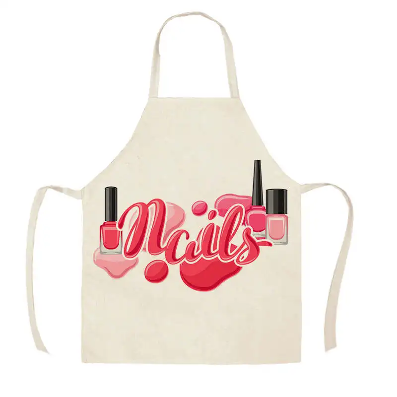 

Linen Flower Nail Polish Theme Print Kitchen Aprons for Women Men Dinner Party Cooking Bib Funny Pinafore Home Cleaning Apron