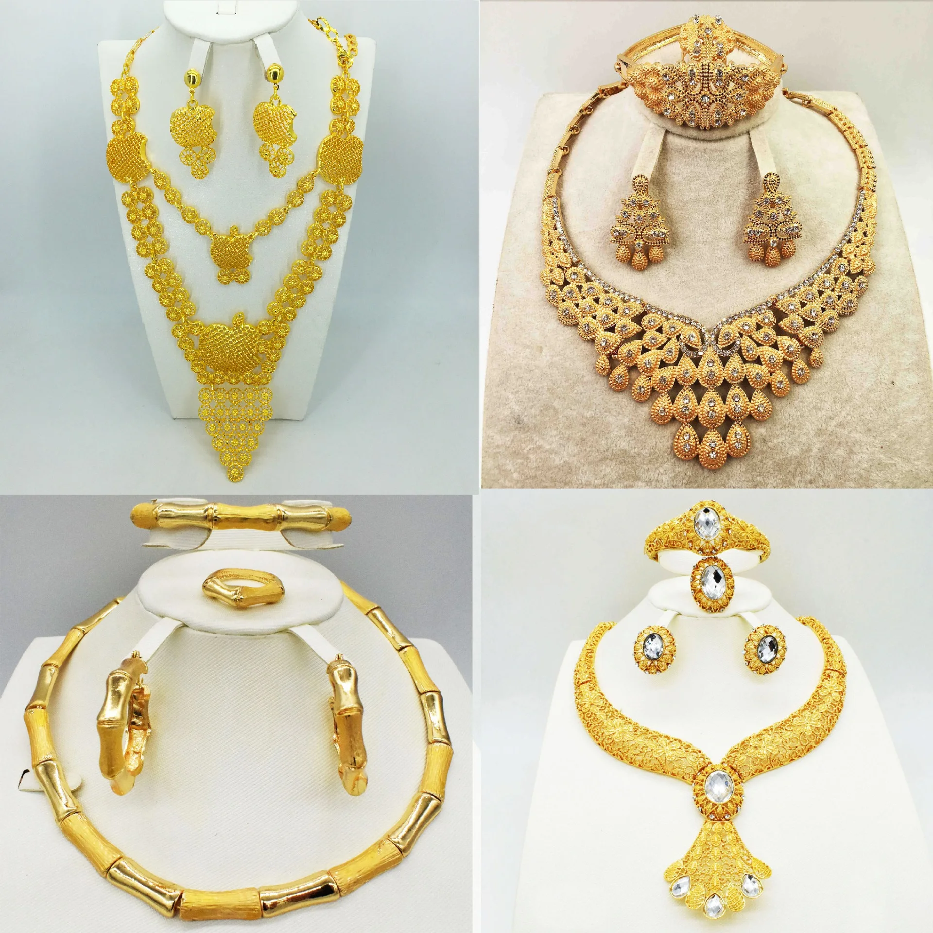 

Indian Necklace Earring Ring Bracelet For Ladies Gift African Bride Wedding Gift Jewelry Set Gold Big Set