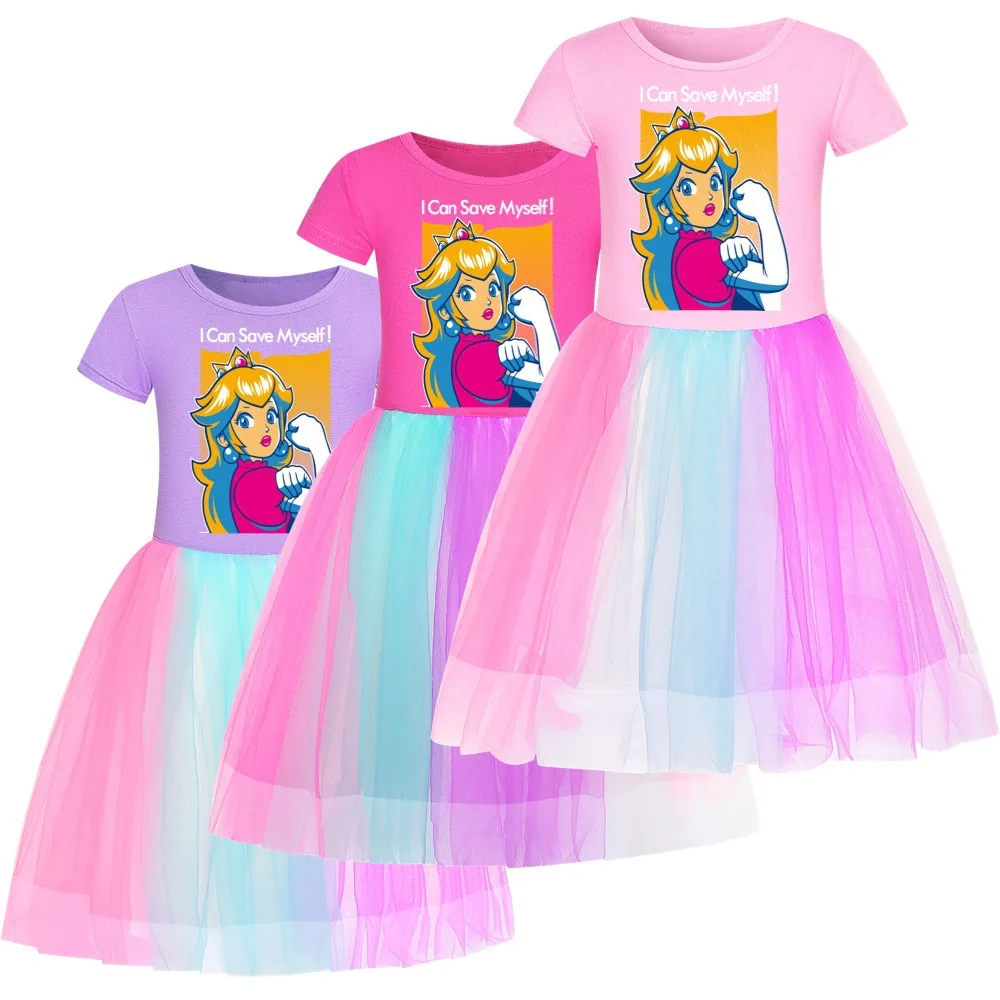

Girls Princess Dress Kids Cute princess peach T Shirt Pleated Dresses Children Summer Vestidos Cartoon Birthday Party Clothes