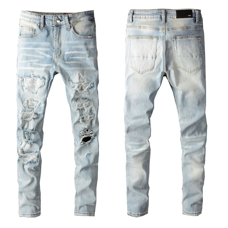 

2022 Elastic Slim Fit Destroyed Ripped Jeans Men Patchwork Punk Hip Hop Jeans Pants Streetwear Washed Hole Men Jeans Light Blue