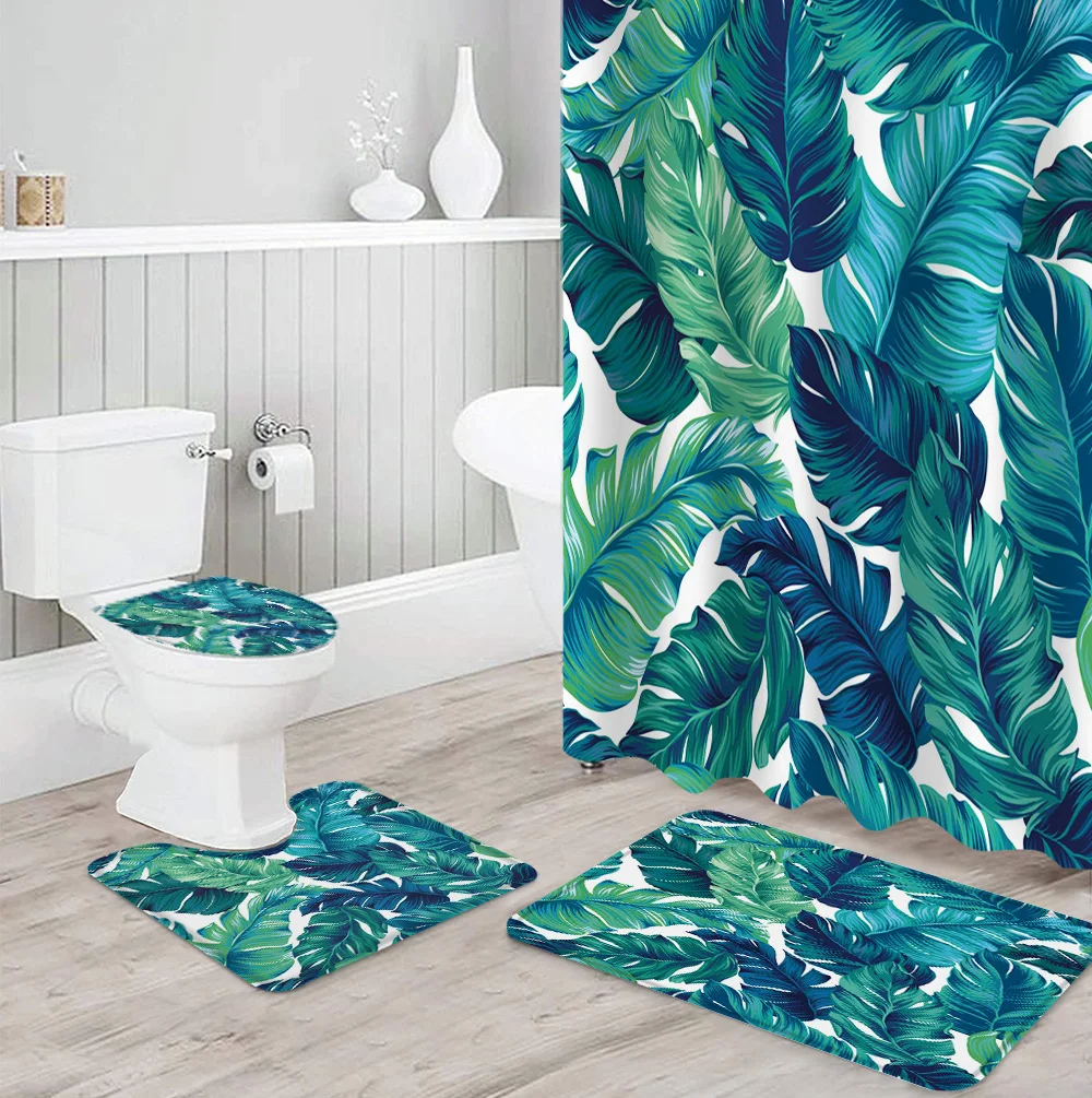 

Набор для душа с тропическими листьями и принтом зеленых пальмовых листьев, занавеска на ковер, крышка для туалета, коврик для ванной комнат...
