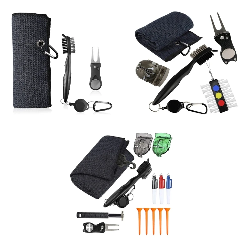 

652D Golf Club Cleaning Set Golf Towel Brush Divot Repair Tool with Ball Marker