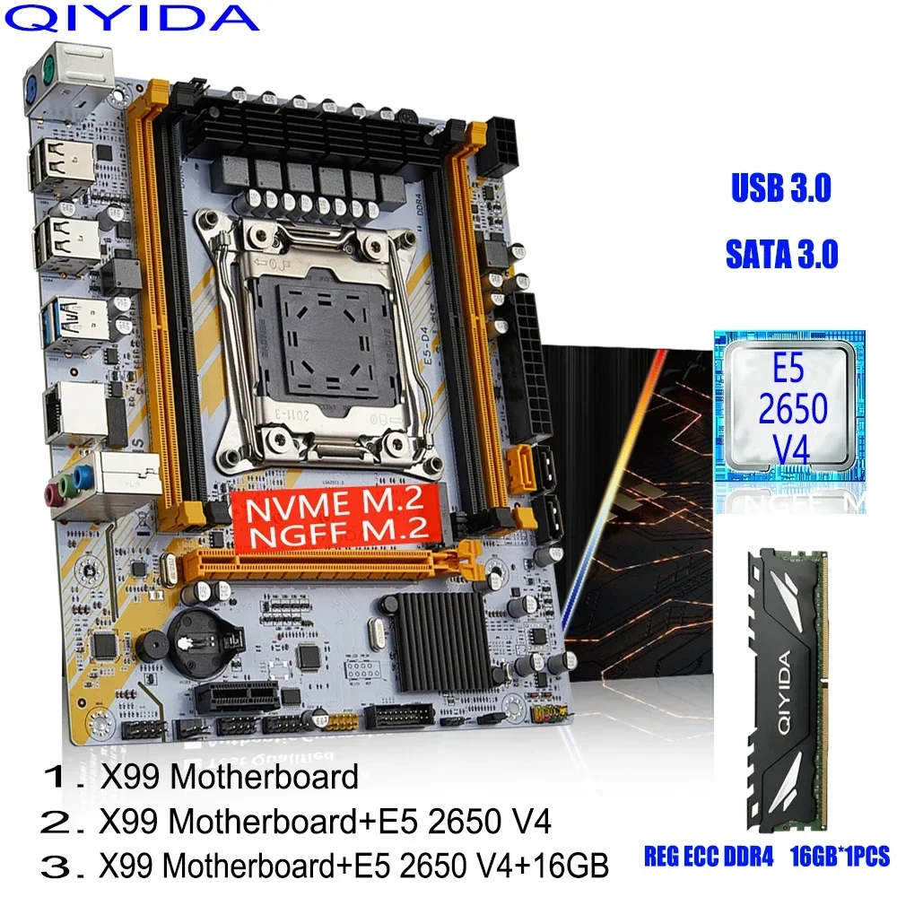 QIYIDA X99 Комплект материнской платы LGA 2011-3 процессора Xeon E5 2650 V4 с 16 ГБ оперативной