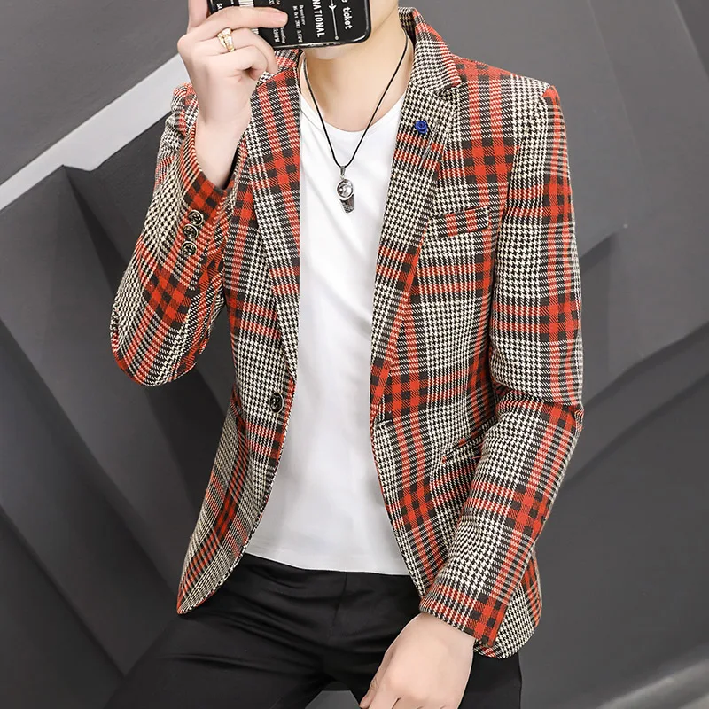 

Brand Clothing Fashion New Casual Small Suit Men Slim Fit Jacket Korean Style Trendy Plaid Single Western Male Suit Coat Vintage