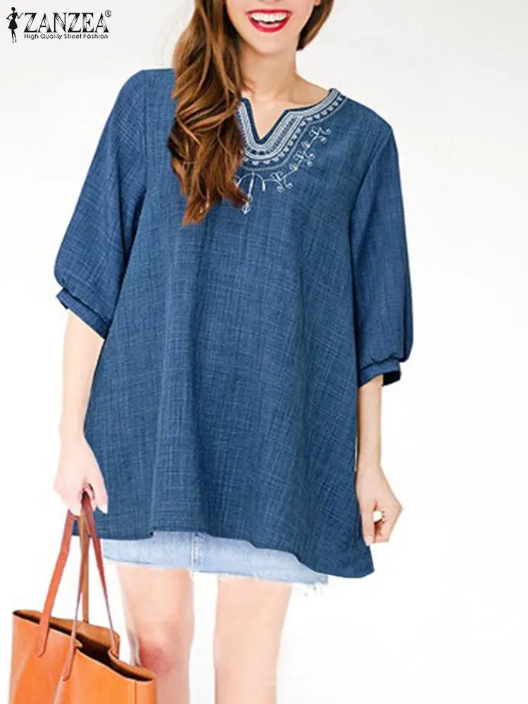 

Блузка ZANZEA Женская с длинным рукавом, винтажный пуловер с вышивкой, повседневная однотонная Свободная рубашка в стиле оверсайз, лето 2023