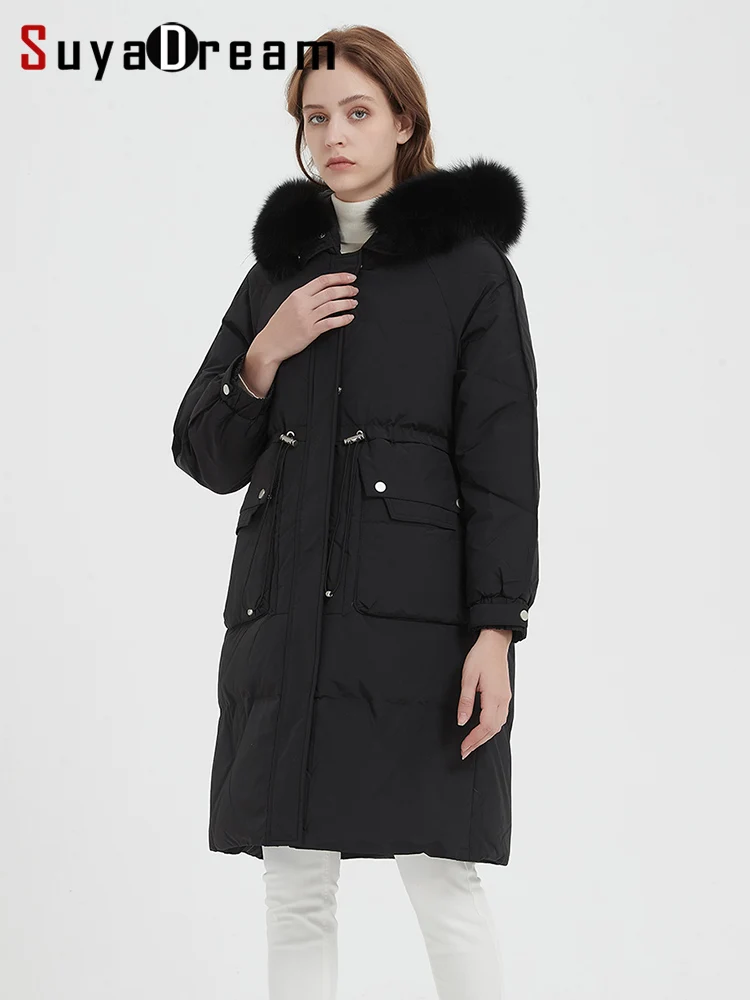 SuyaDream 2022 Long Winter Down Coats White Duck Down Fillings Real Fur Hooded Knee Length Warm Black Parkas Black