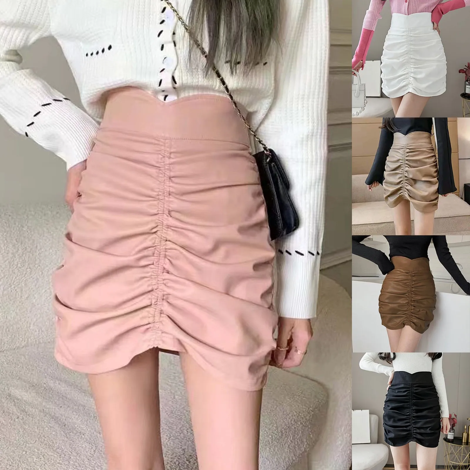 

Women's Solid Short Skirt PU Leather Bag Hip Solid High Waist Zipper Autumn Winter Skirt Tan Skirt