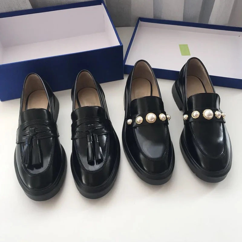 Spring and autumn new leather loafers with thick soles and small leather shoes with fringes and pearl single shoes for women