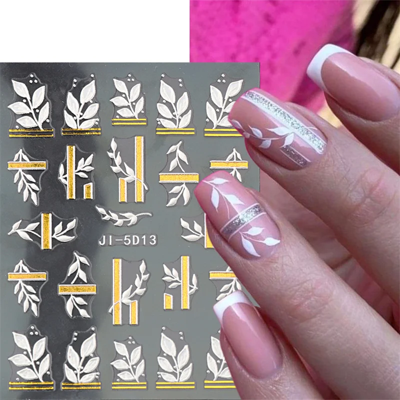 

1Pcs 5D Relief Nail Stickers White Flowers Leaves Butterfly Self-Adhesive Slider Wedding Design Nails Decals Nail Art Decoration