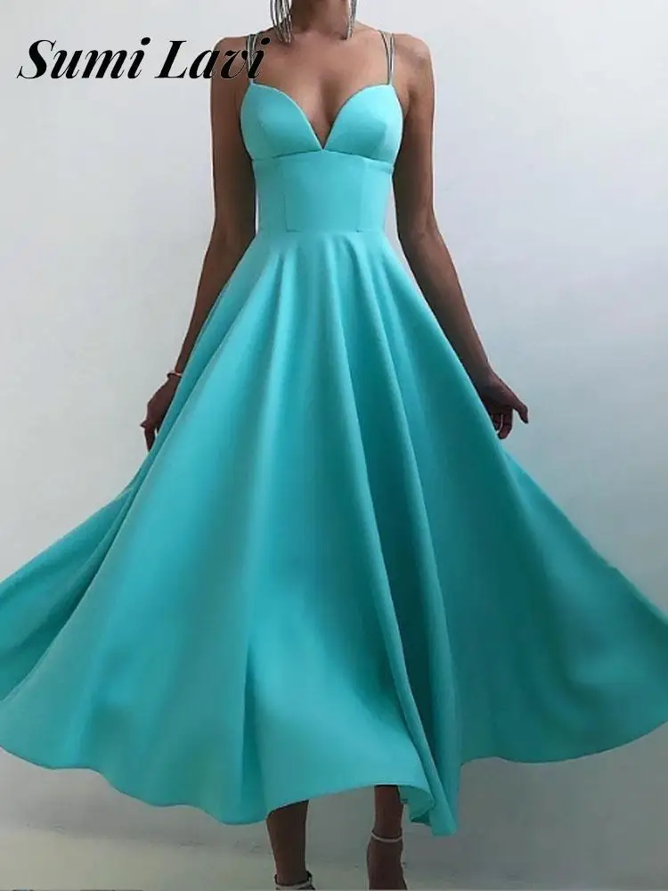 

2022 Sexy Sling V Neck Thin Satin Dress Elegant Women's Solid Color Big Hem Dress Fashion High Waist Banquet Party Long Dresses