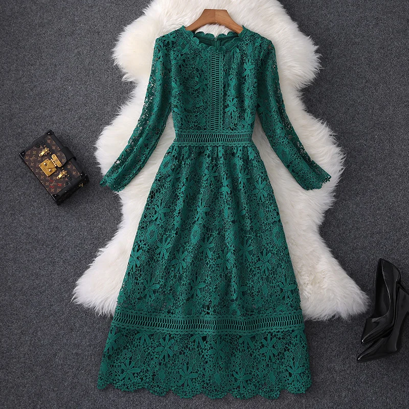 Spring 2023 Women's New Long Sleeve High Waist Lace Dress Slim Fit Temperament Base Skirt Plus Size Dress