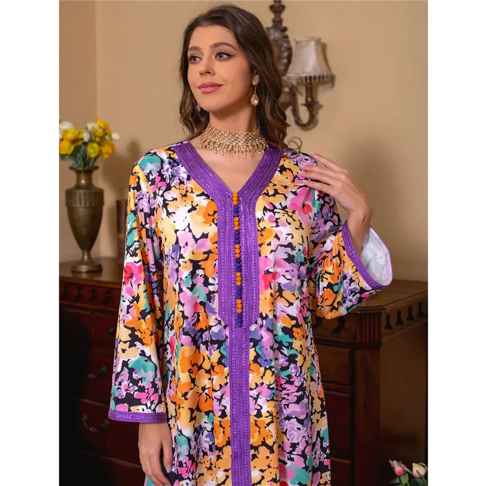 Ramadan Abaya Arab Evening Long Dress Women Floral Print Muslim Ramadan Moroccan Kaftan Dubai Saudi Jalabiya Colorful Abayas