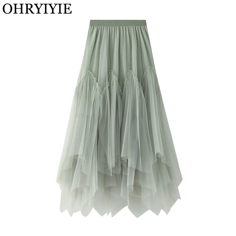 

Women irregular Long Tulle Skirts Ladies High Waist Ankle-Length Tutu Maxi Skirts Beige Green