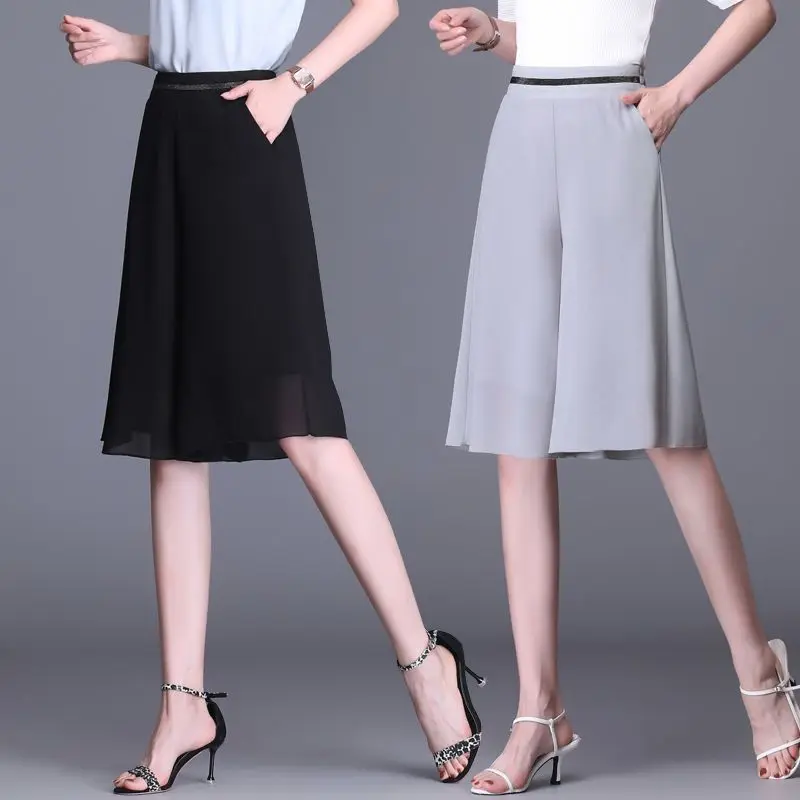 Elastic High Waist Slim Elegant Chiffon Capris Female Shorts Skirts Women Summer Wide Leg Medium Long Leisure Loose Trousers W41