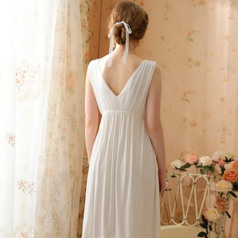 Women Summer Sleeveless Modal Nightie Sexy Deep V-Neck Knee-Length Nightdress French Vintage Princess Nightgowns White Sleepwear