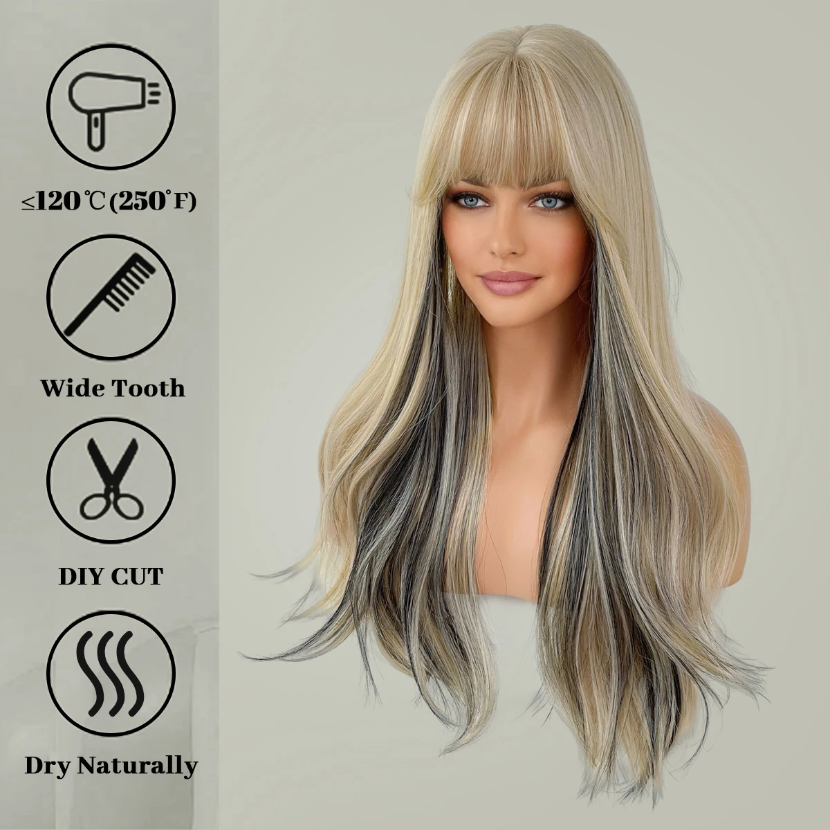 Long Curly Synthetic Wigs Blonde with Black Natural Hair Wigs Middle Part for Women  Use For Cosplay Daily Lolita Heat Resistant