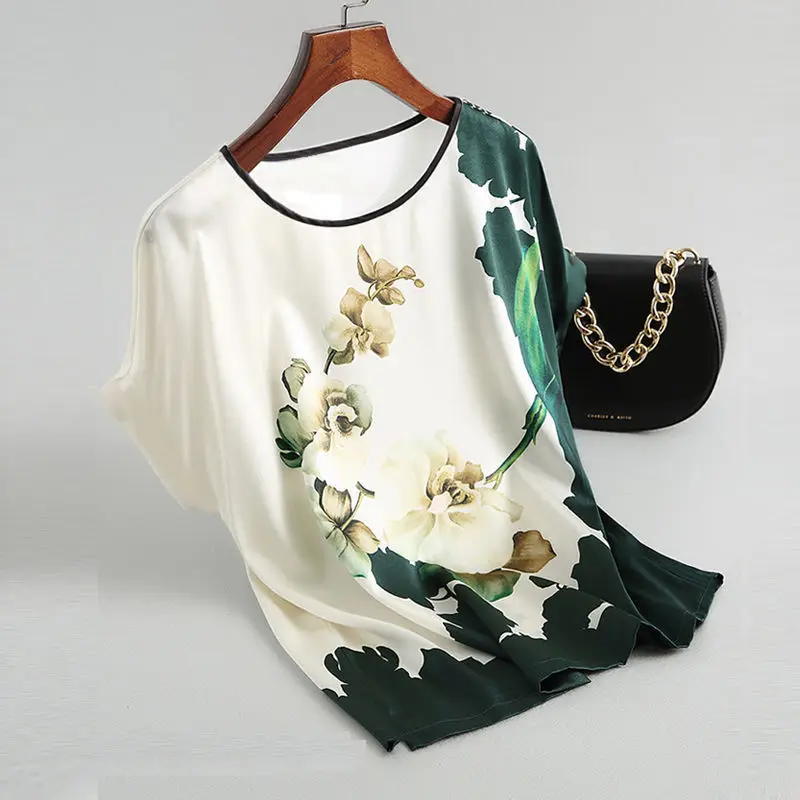 

T Shirts Women Summer Short Sleeve O Neck Floral Print Tops Stretch Casual Loose Knit Ice Silk T Shirts Female Clothing G140