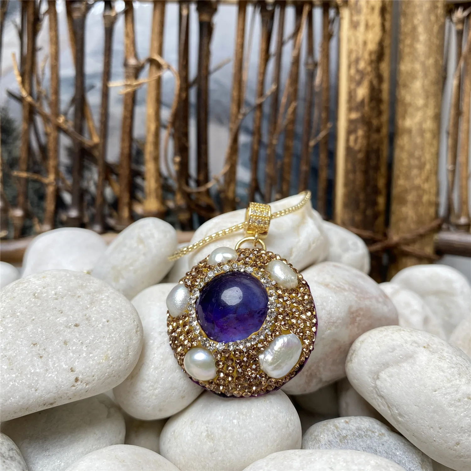 

European and American style amethyst pearl inlaid rhinestone pendant ladies personality trend necklace jewelry