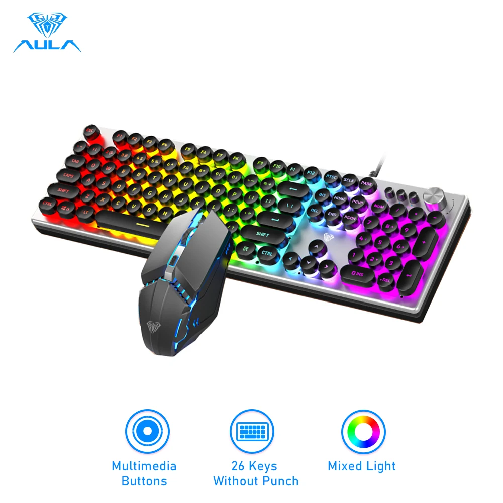 

AULA Wired Gaming Keyboard Mouse Set 104 keys Multimedia Knob Mix Backlight Keyboard Gaming Combos for Notebook Desktop