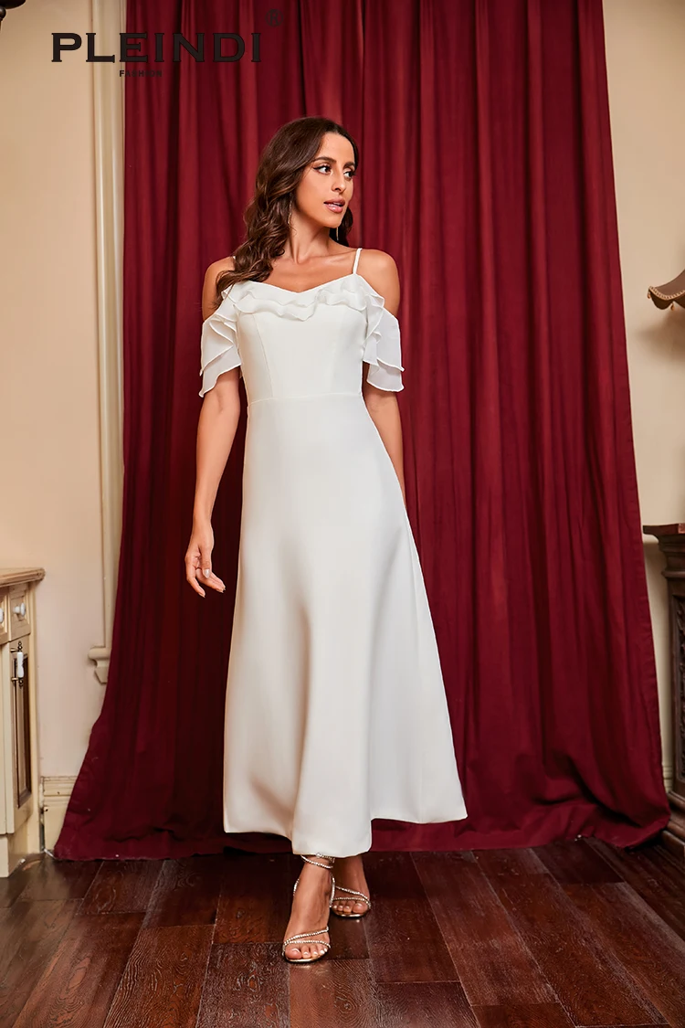 PLEINDI Luxury Evening Dresses Boat Neck Spaghetti Strap A-shaped Floor-Length Chiffon 2022 New of Ruched Exquisite Prom Dress