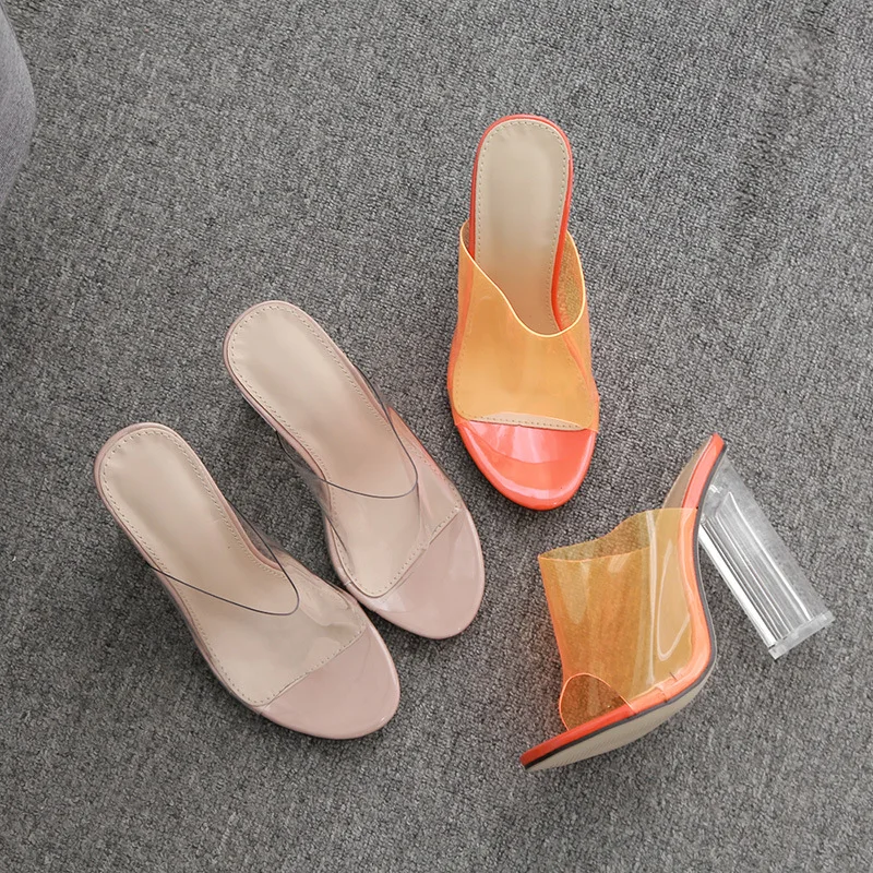 2022 New Fashion PVC Jelly Sandals Crystal Open Toed Sexy Thin Heels Women Transparent Slippers Pumps Outside 40 41 42