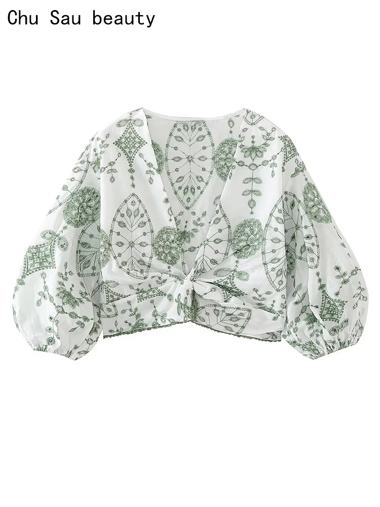 

Chu Sau beauty 2023 Women Summer Fashion Vintage Hollow Out Short Blouses Holiday Style Deep V-Neck Shirts Chic Cropped Tops