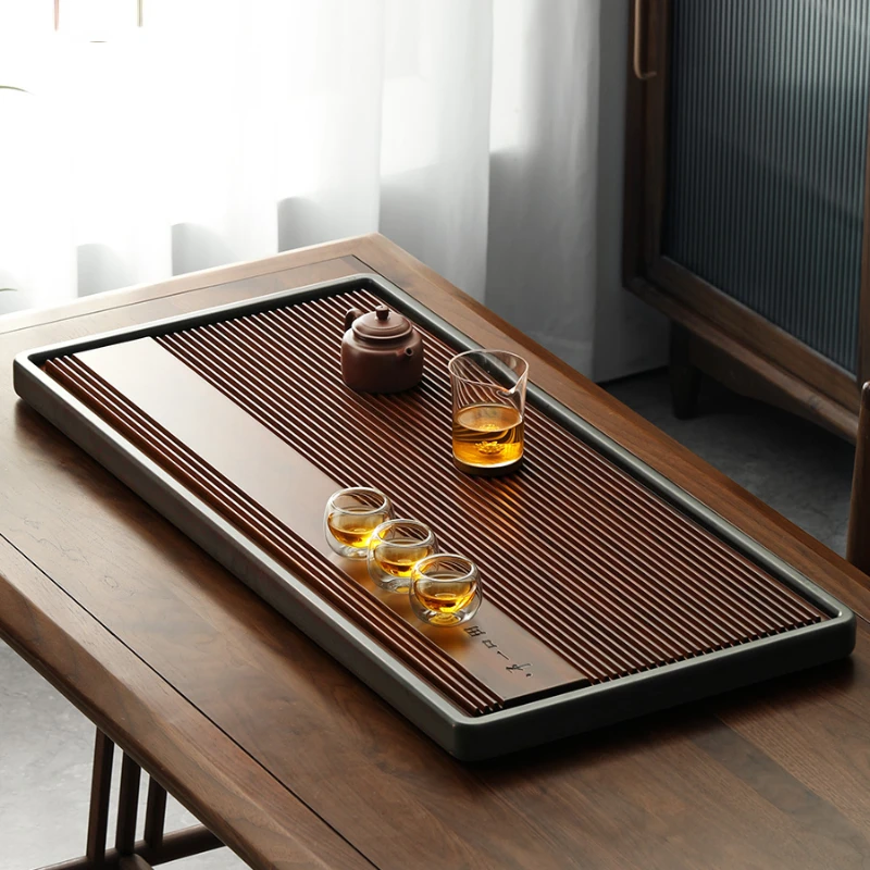 

Dark Bamboo Tea Tray Compartment Rectangular Luxury Drying Trays Decorative Drainage Modern Mat Plateau Bambou House Decor