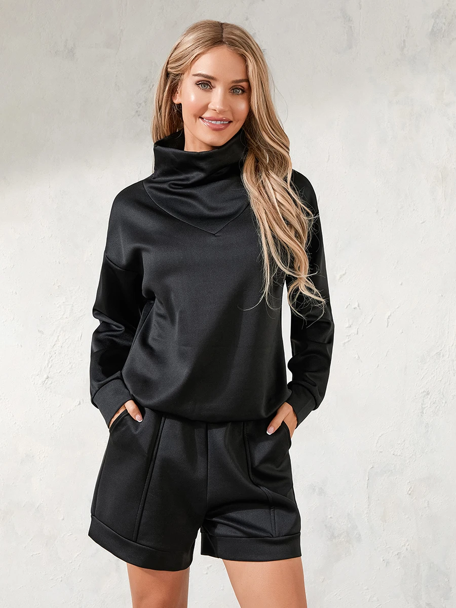 

Women 2 Piece Tracksuits Solid Color Loose Turtleneck Sweatshirt and Shorts for Activewear Workout Outfits Set