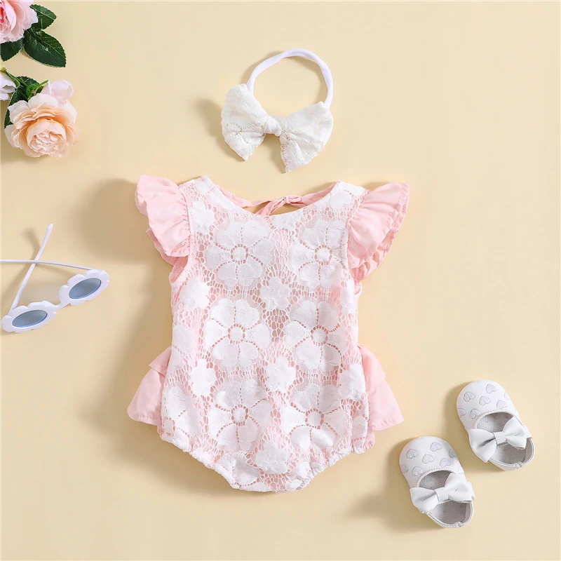 

Летний комбинезон для новорожденных девочек, комбинезон с цветочным кружевом и открытой спиной, комбинезон в стиле пэчворк с бантом